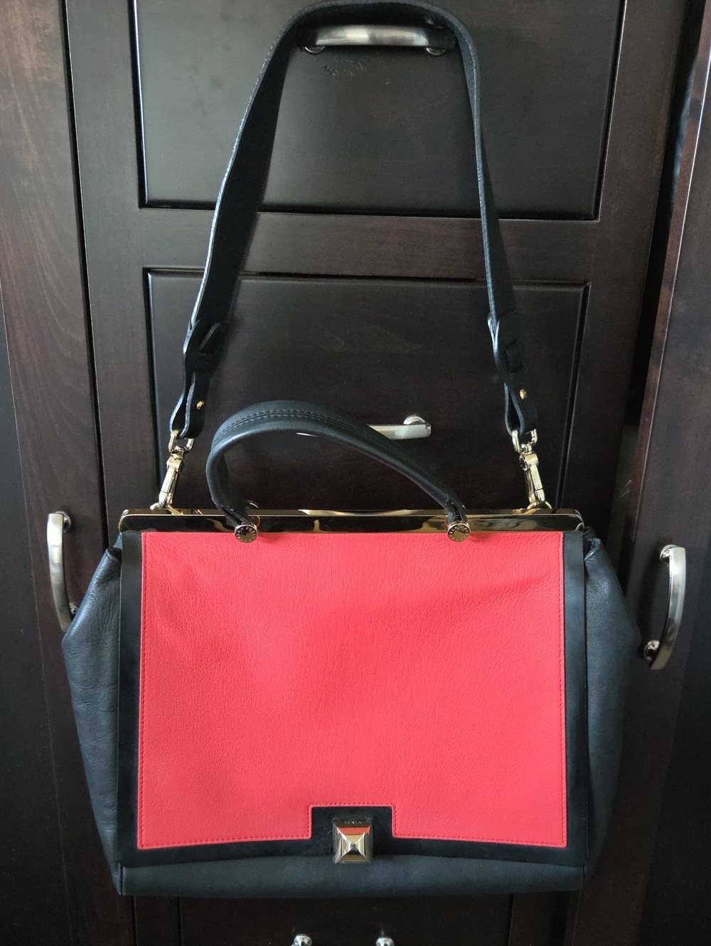 Furla Cortina Colorblock Leather Top Handle Satchel Bag Red Black Gold